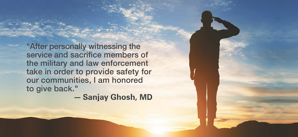 military and law enforcement message with man on hill saluting the sunrise